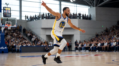 NBA篮球比赛中库里命中超远三分后挥舞手臂庆祝的激情瞬间